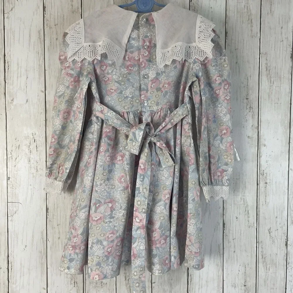Vtg Polly Flinders Bib Collar w/ Lace Girls Sz 6 Pastel Floral Dress Cottagecore